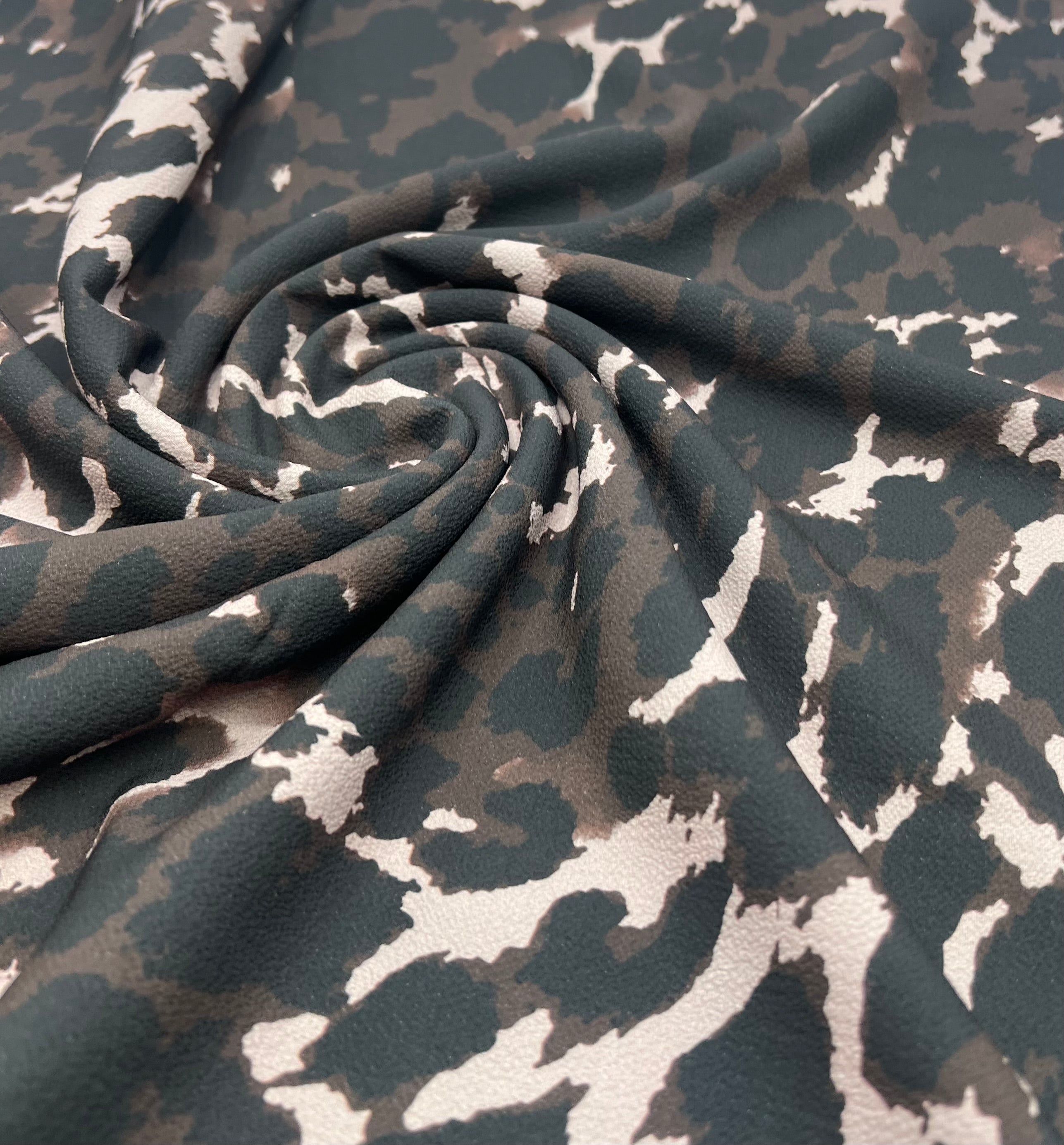 Brown Grey Leopard Print Lightweight Bubble Crepe Fabric