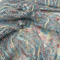 Blue Baby Pink Beige Floral Embroidered Tulle Lace Fabric