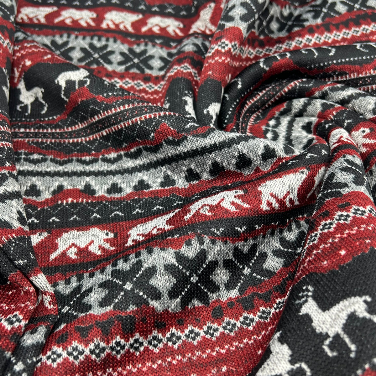 Burgundy Fairisle Christmas Melange Brushed Back Knit Stretch Fabric