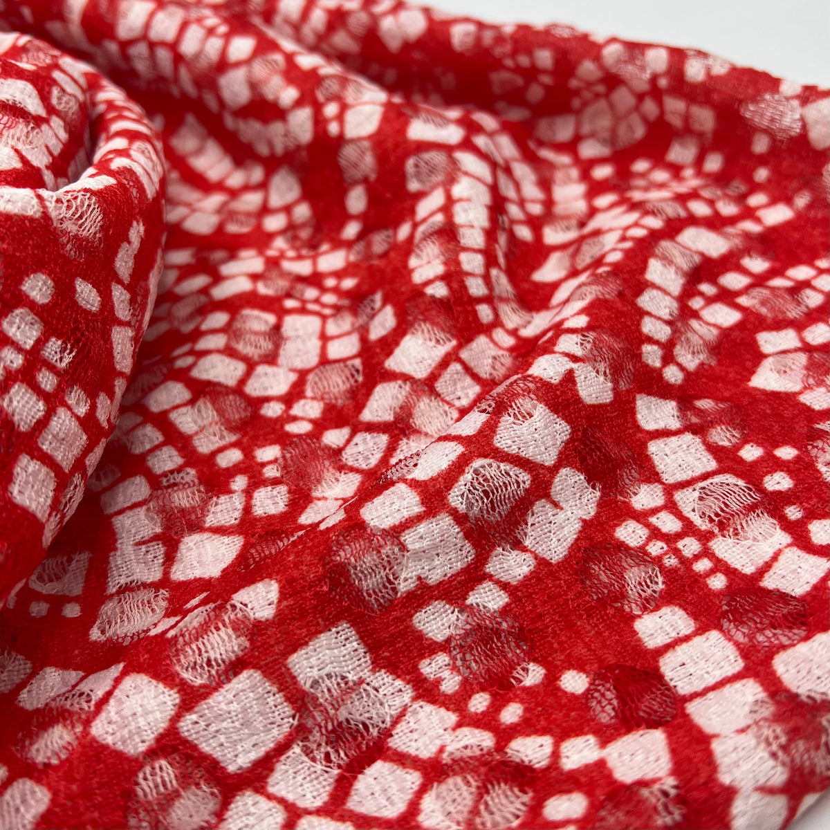 Red & White Abstract Mosaic Lace Fabric Stretch