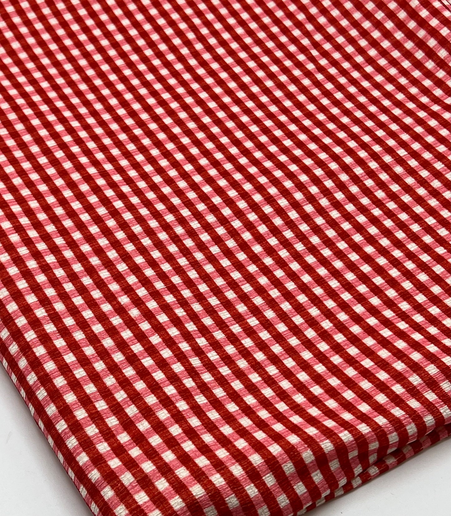Red Gingham Check Print Lightweight Bubble Crepe Fabric