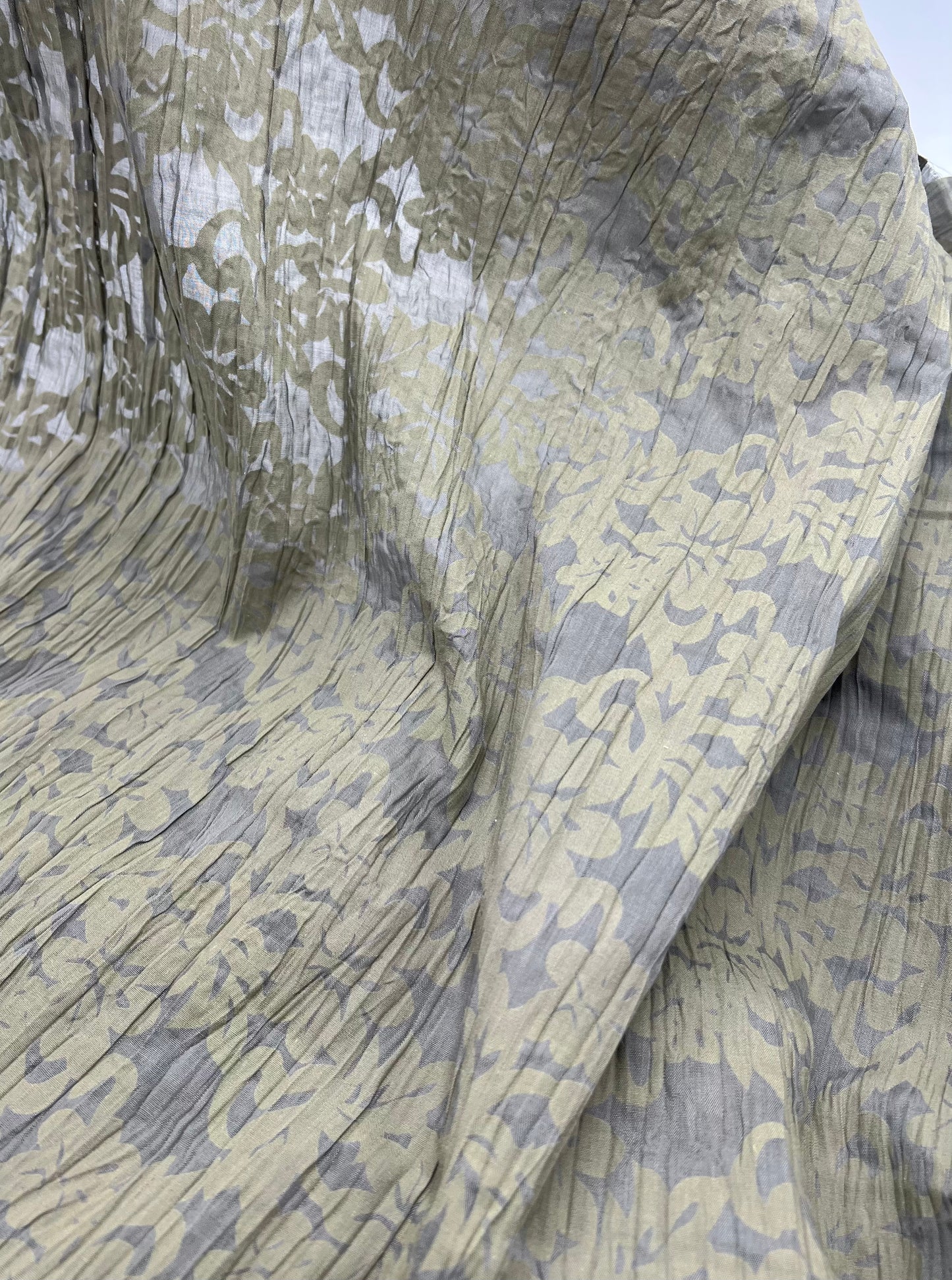 Khaki Floral Crinkled Lightweight Non Stretch Woven Fabric