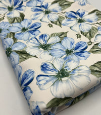 Ivory Blue Floral Compact Crepe Fabric 2 Way Stretch
