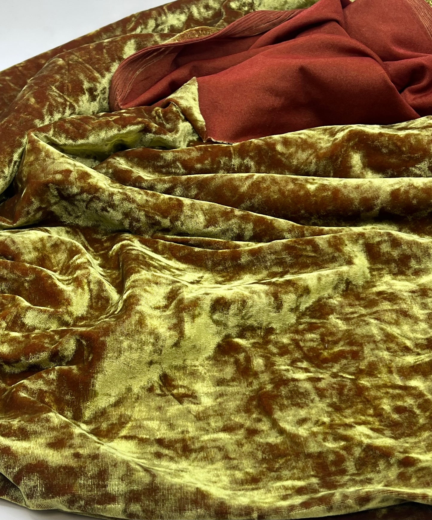 Lime Green Rust Two Tone Crushed Velour Spandex Stretch Fabric