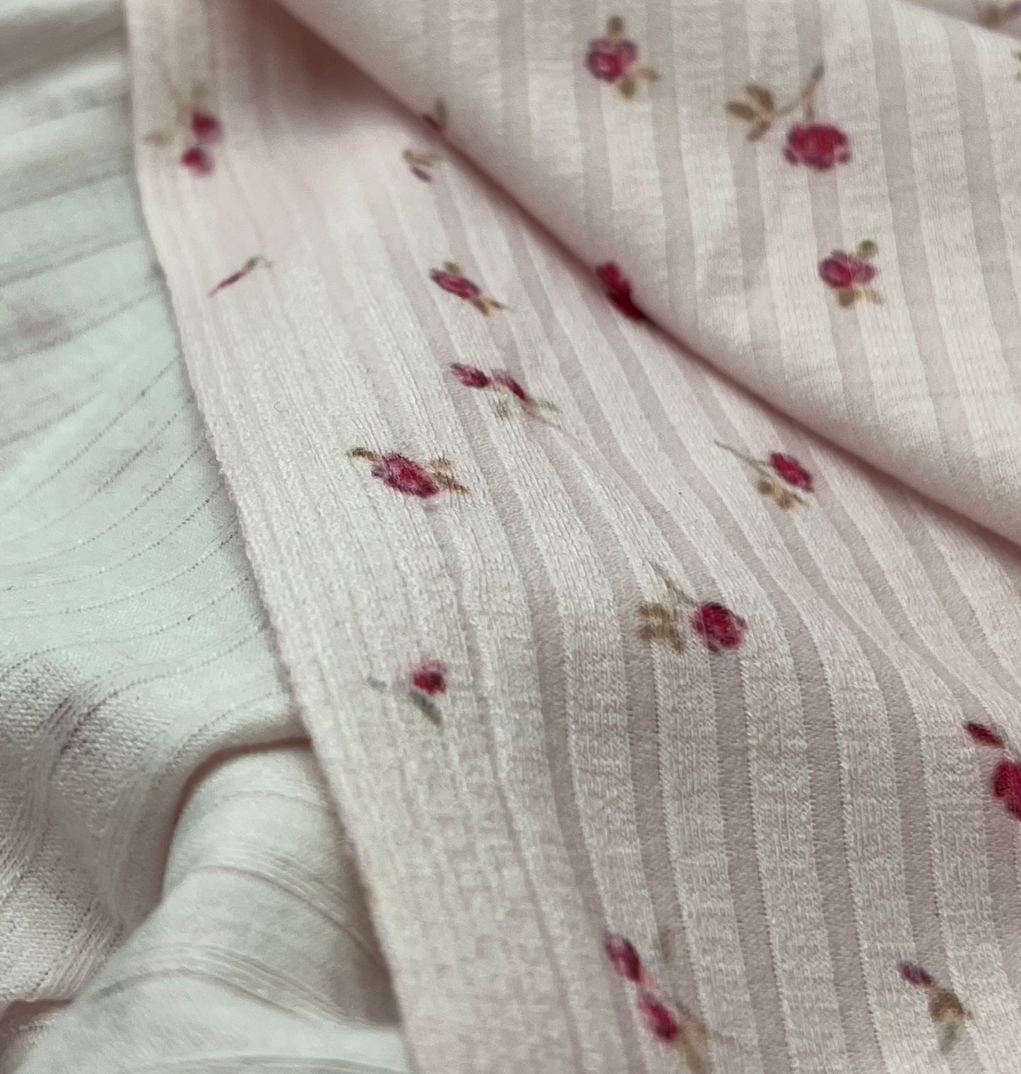 Soft Pink Floral Ditsy Print 8x4 Wide Rib Stretch Fabric