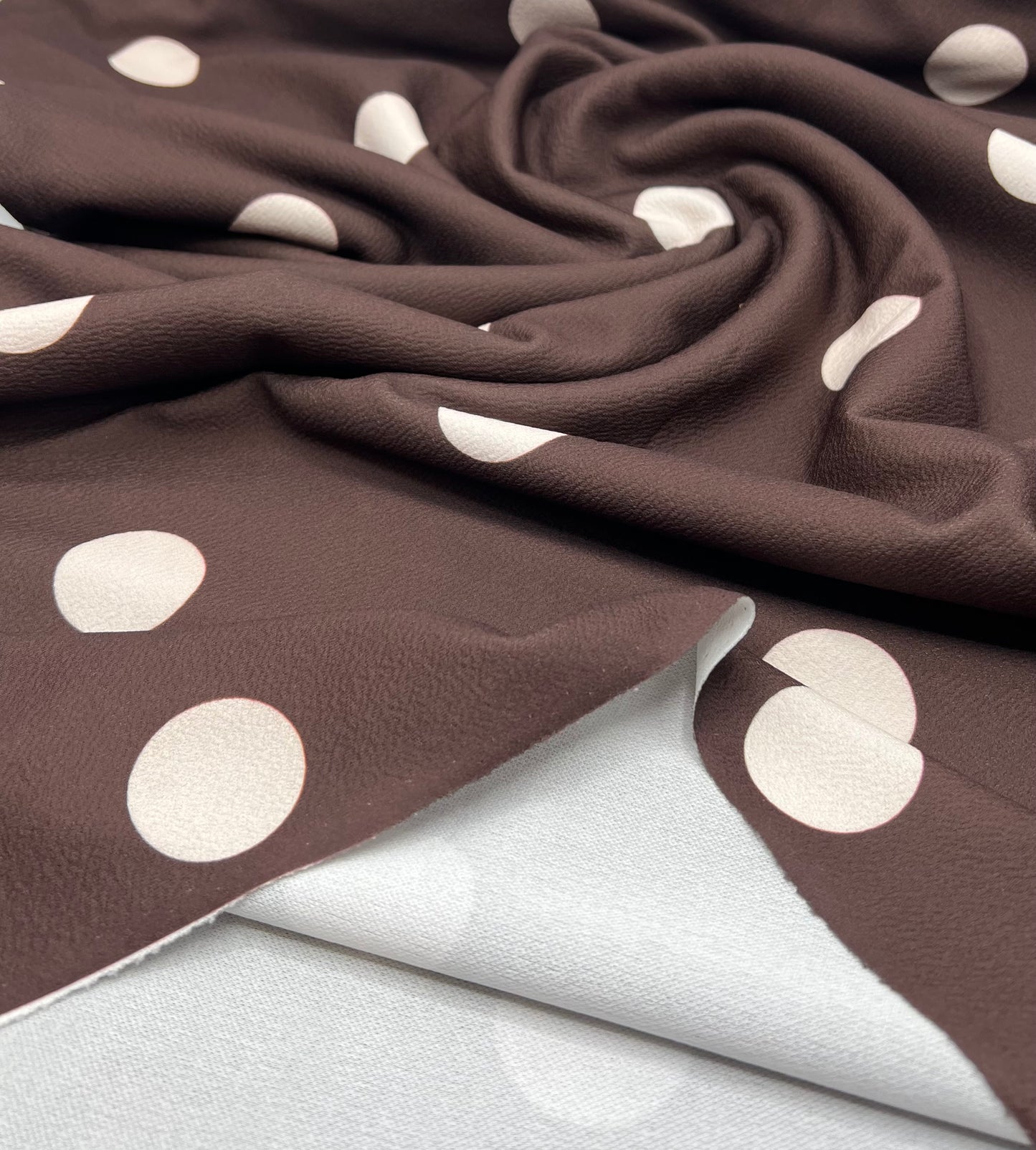 Brown Beige Large Polka Print Liverpool Bullet Stretch Fabric