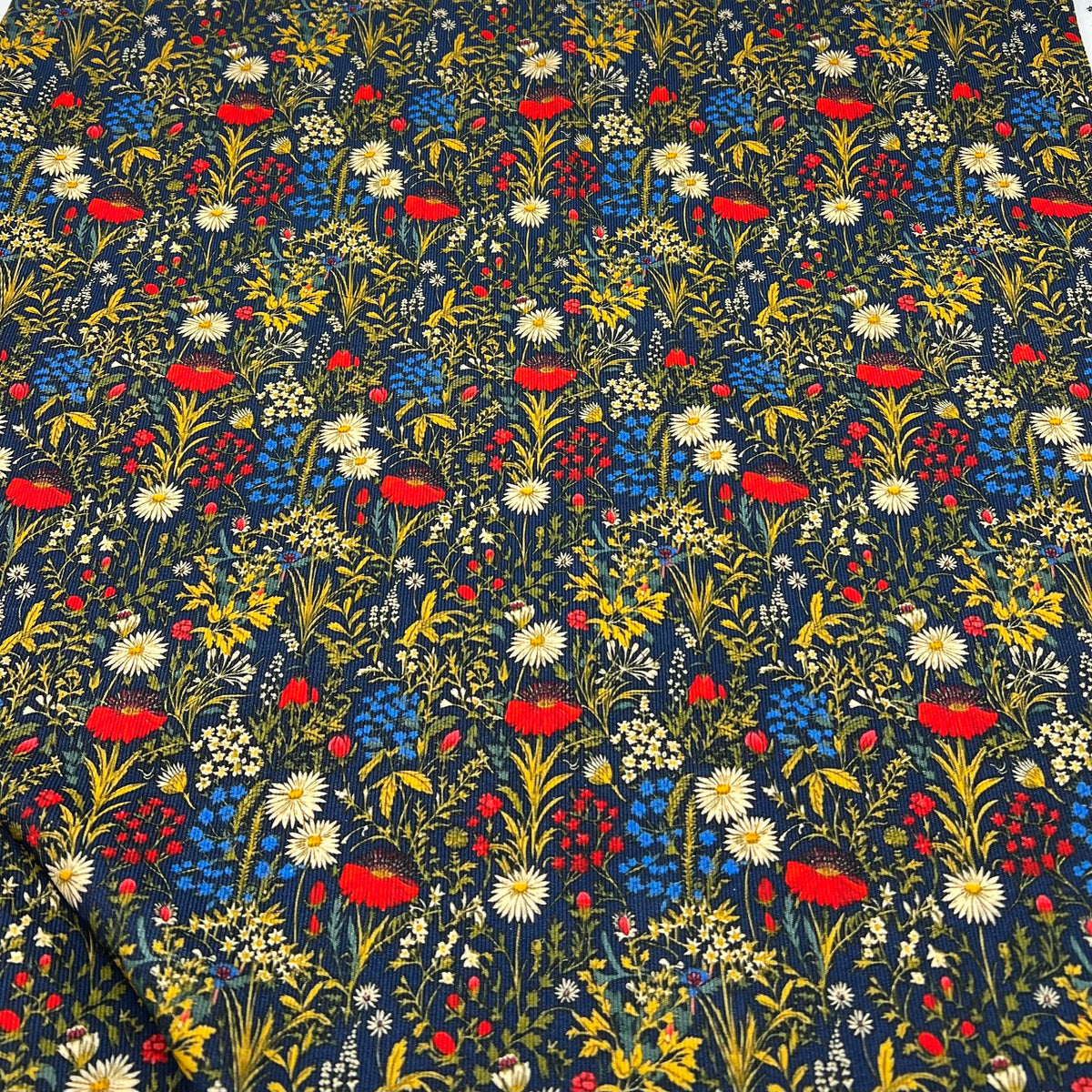 Dark Meadow Floral Print Cotton Needlecord Non Stretch Fabric