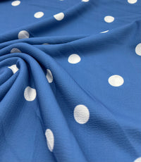 Blue White Polka Print Lightweight Bubble Crepe Fabric