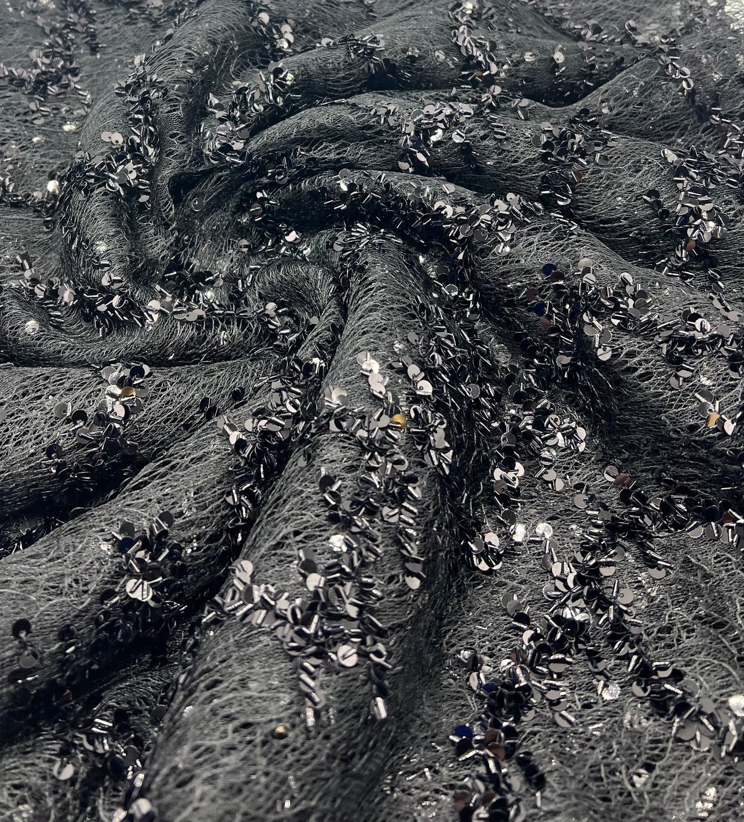 Black Sequin Detail Textured Mesh Stretch Fabric