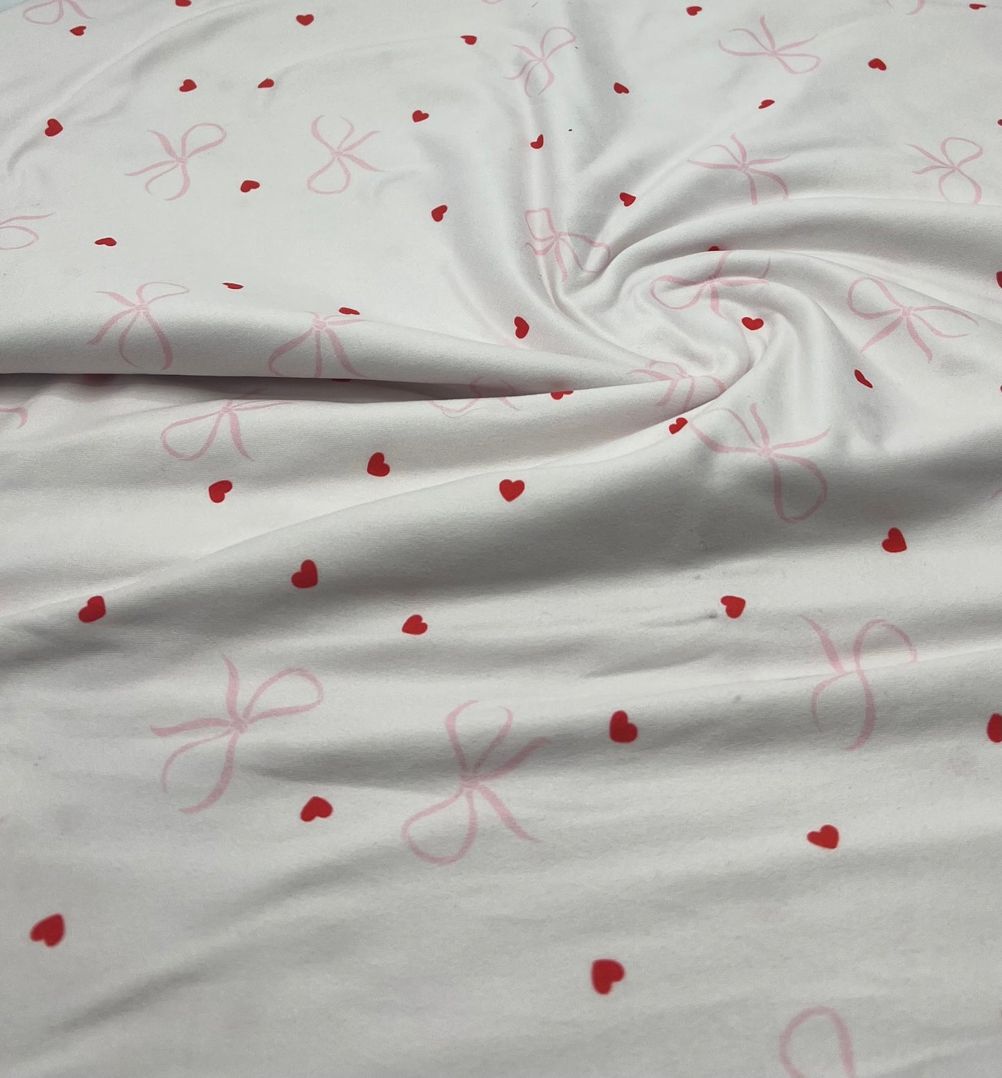 Soft Pink Heart Bow Super Soft Print Spun Poly Stretch Fabric