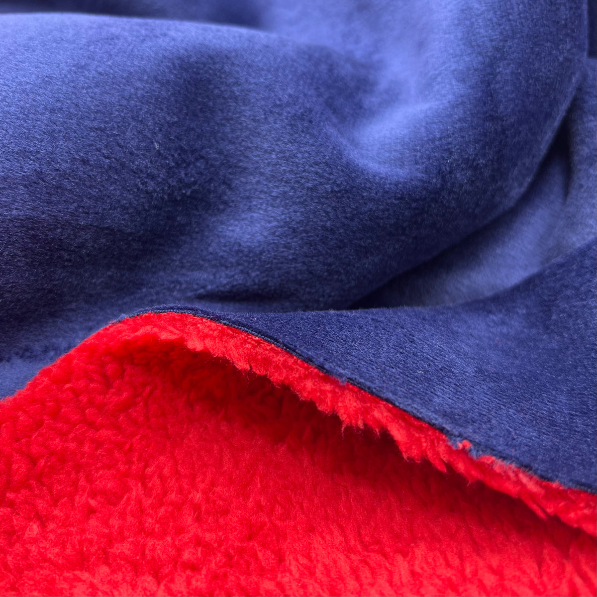 Red Sherpa Navy Backed Fleece Fluffy Faux Fur Fabric