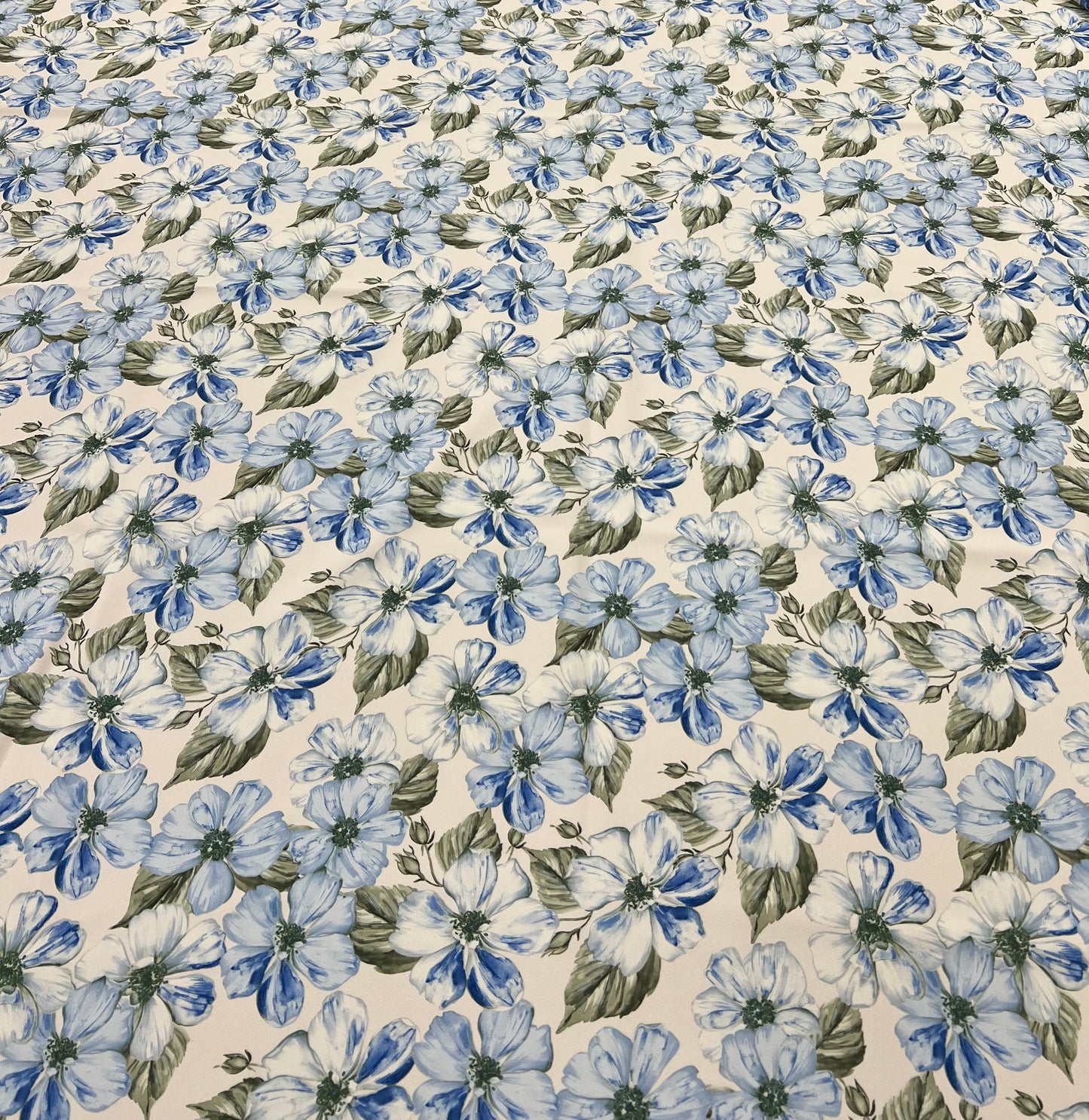 Ivory Blue Floral Compact Crepe Fabric 2 Way Stretch