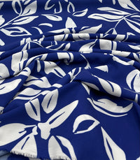 Blue Leaf Print Lightweight Bubble Crepe Fabric