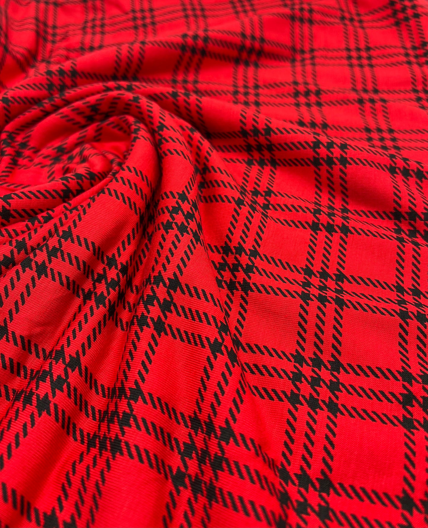 Red & Black Check Print Viscose Elastane Fabric