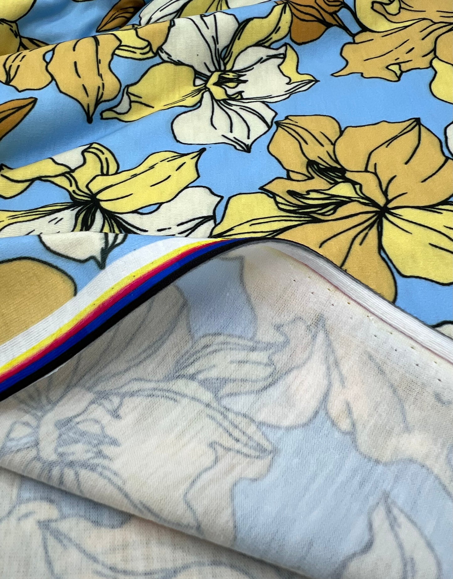 Blue & Yellow Floral Print Spun Poly Stretch Fabric