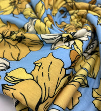 Blue & Yellow Floral Print Spun Poly Stretch Fabric