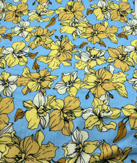 Blue & Yellow Floral Print Spun Poly Stretch Fabric