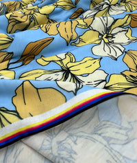 Blue & Yellow Floral Print Spun Poly Stretch Fabric