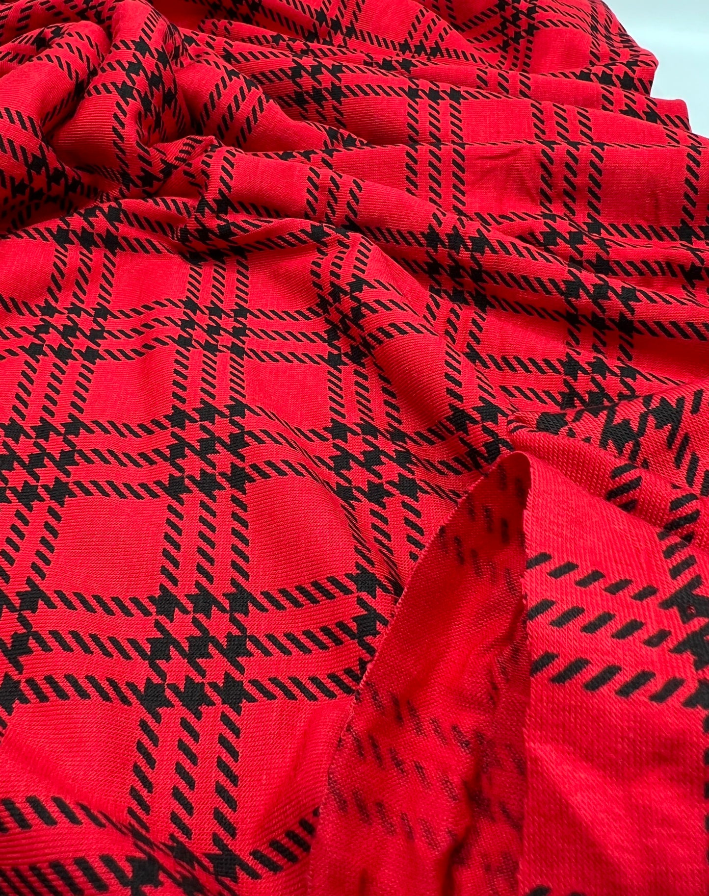 Red & Black Check Print Viscose Elastane Fabric