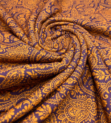 Gold & Purple Paisley Print Spun Poly Stretch Fabric