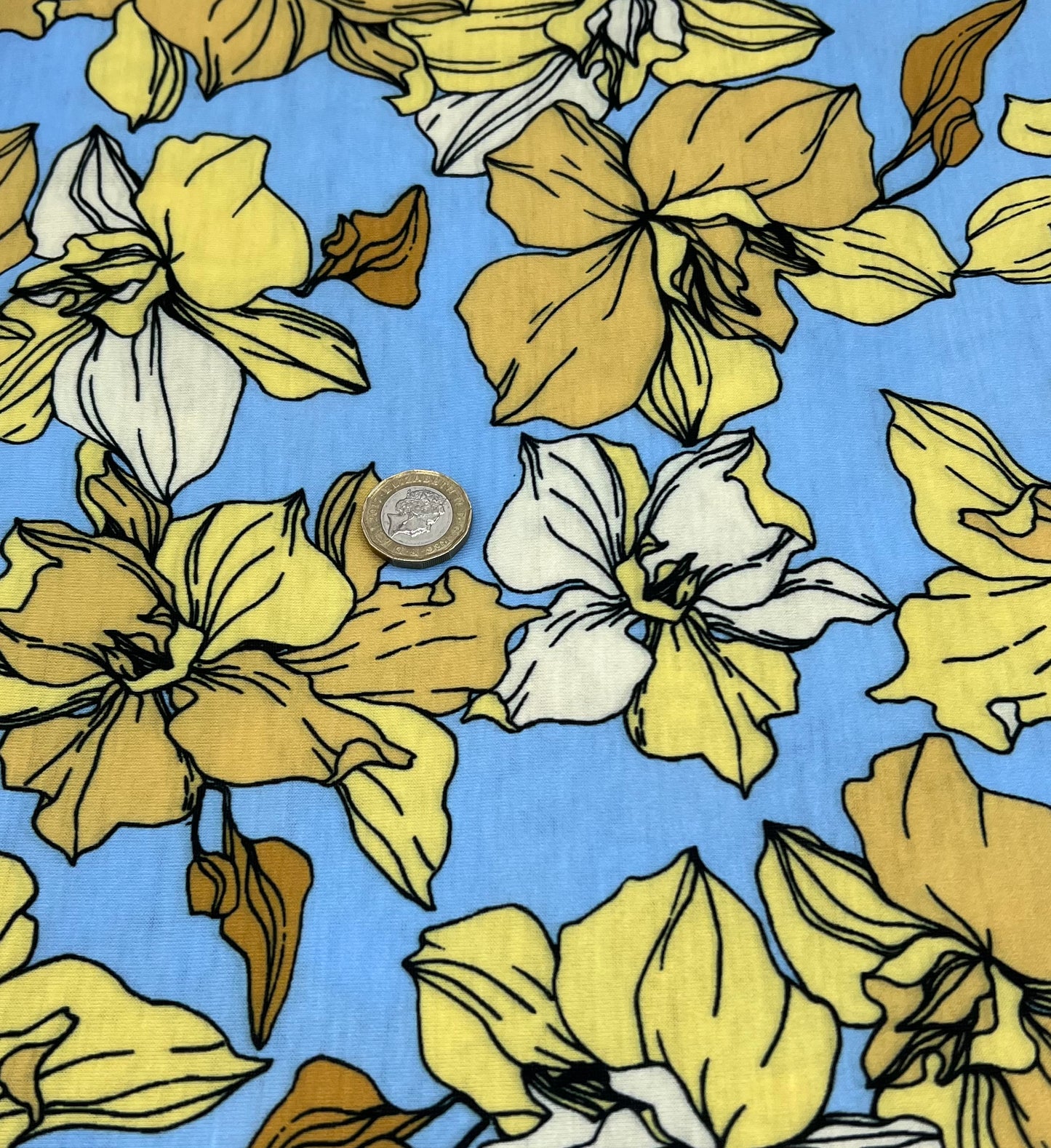 Blue & Yellow Floral Print Spun Poly Stretch Fabric