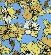 Blue & Yellow Floral Print Spun Poly Stretch Fabric