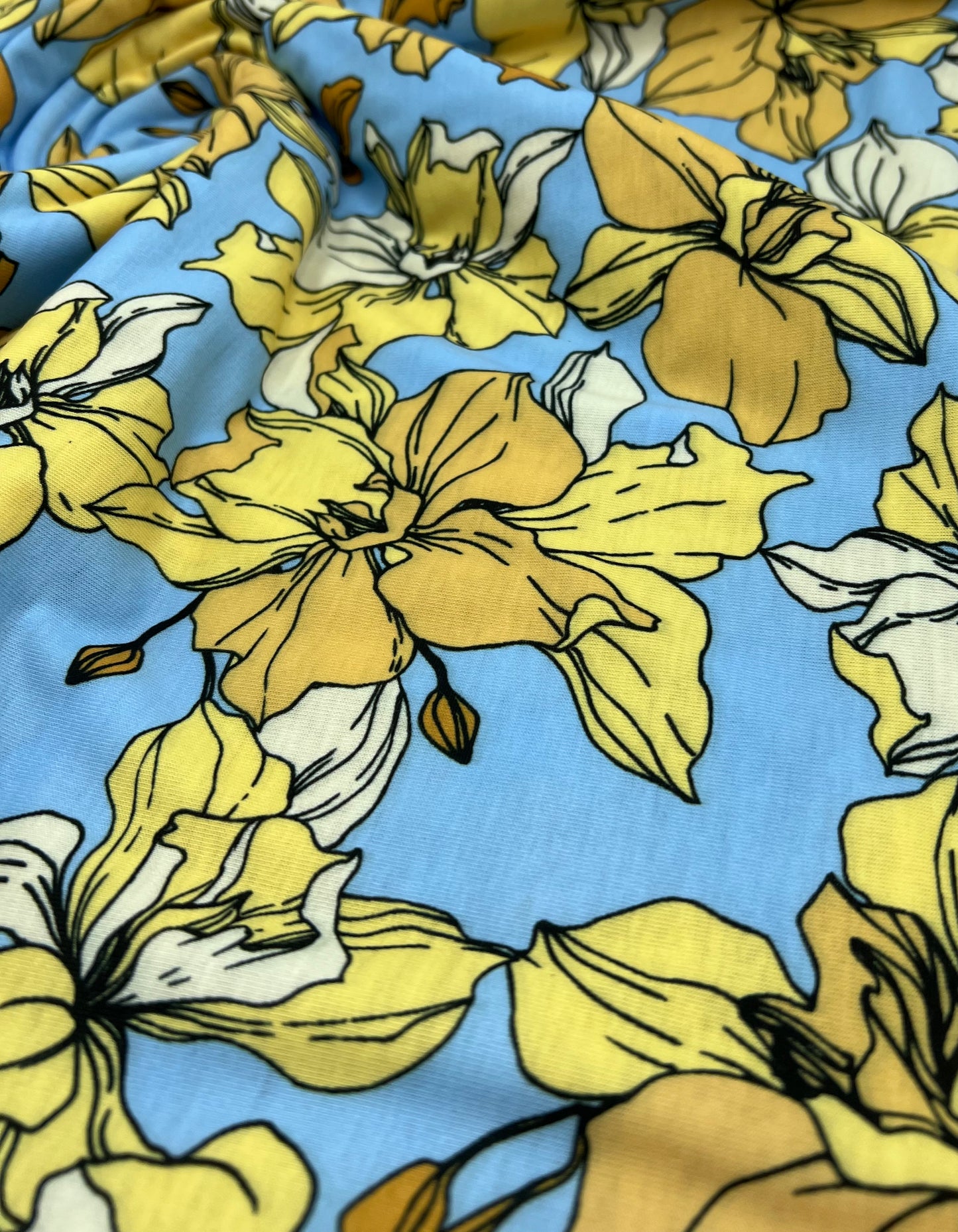 Blue & Yellow Floral Print Spun Poly Stretch Fabric