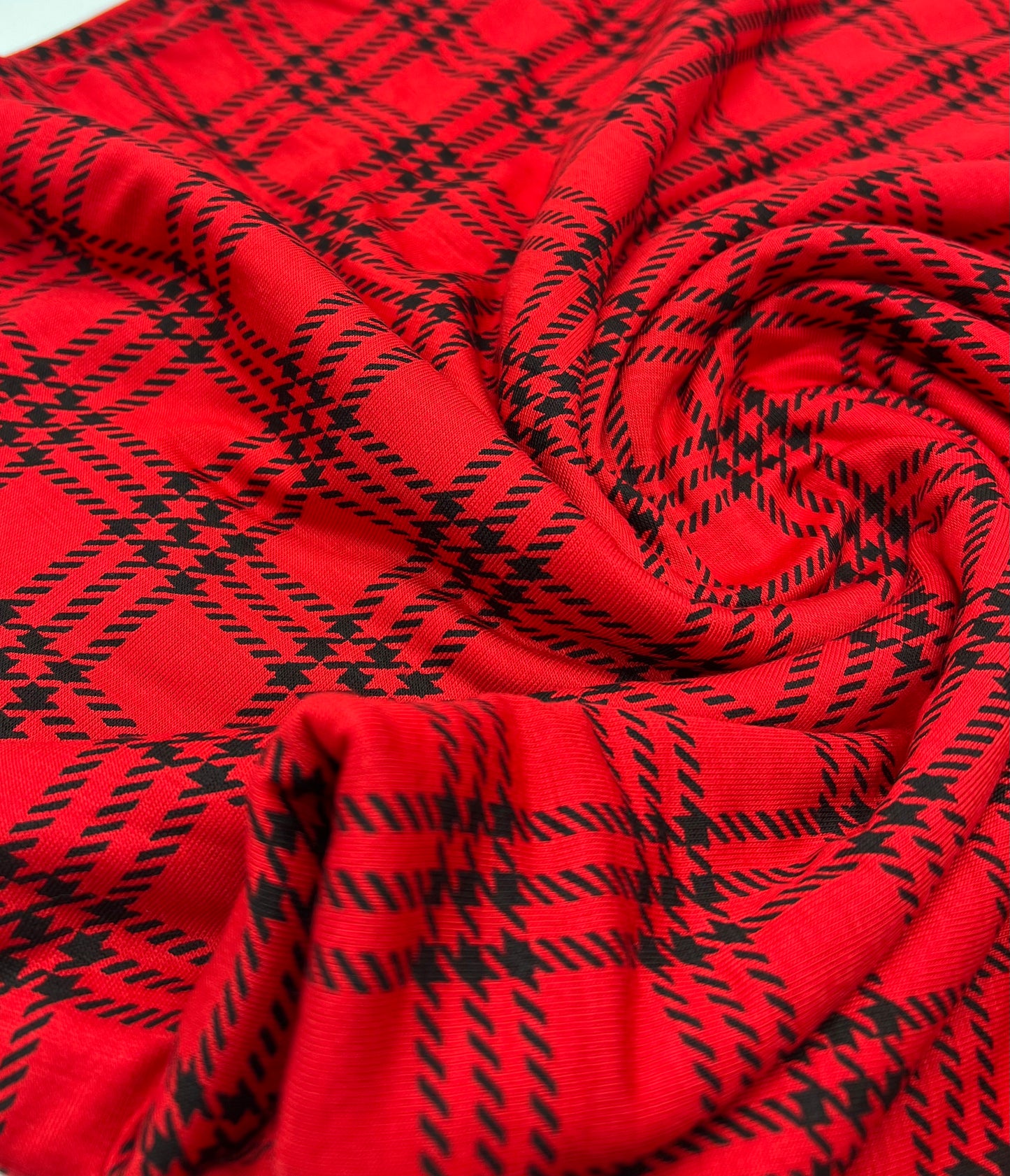 Red & Black Check Print Viscose Elastane Fabric