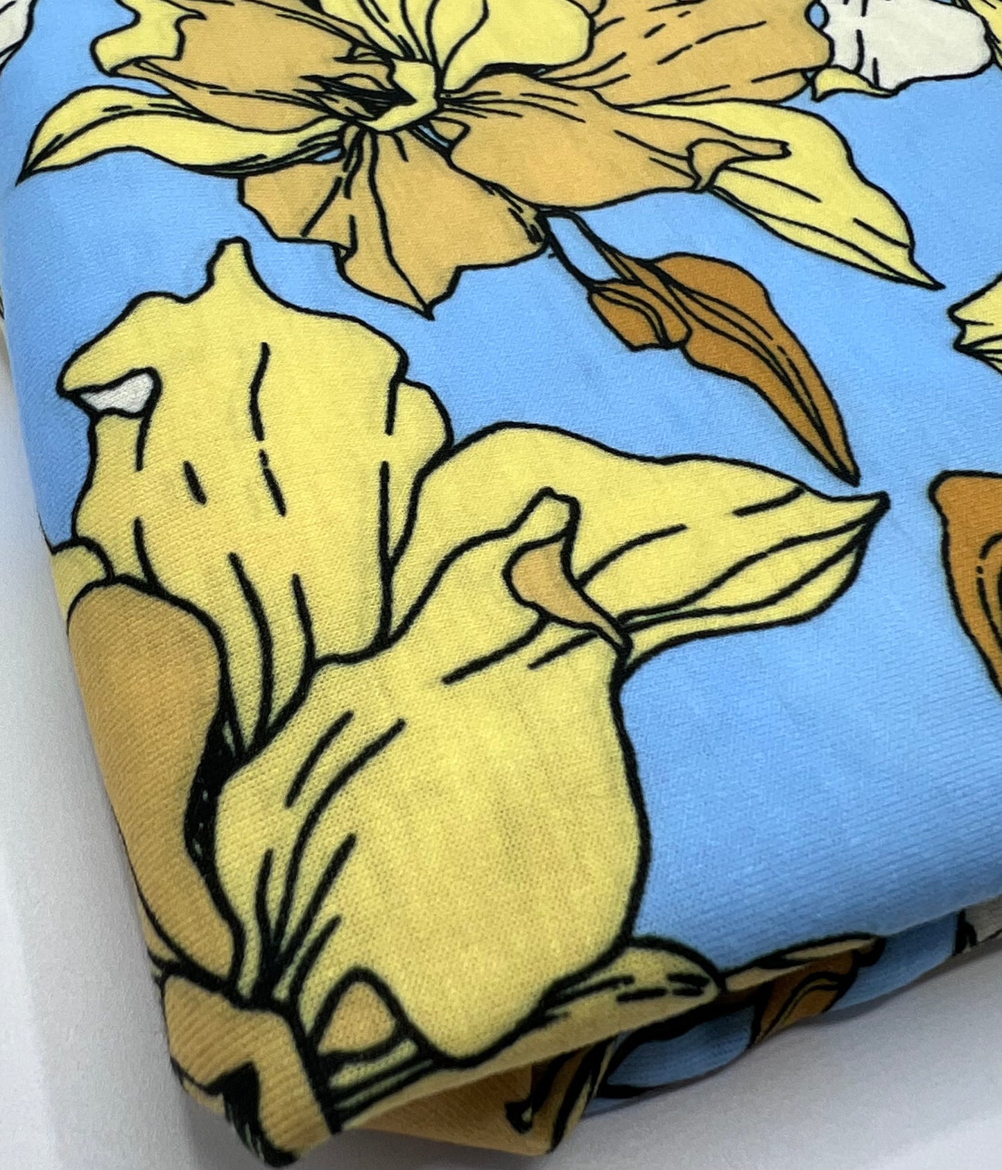 Blue & Yellow Floral Print Spun Poly Stretch Fabric