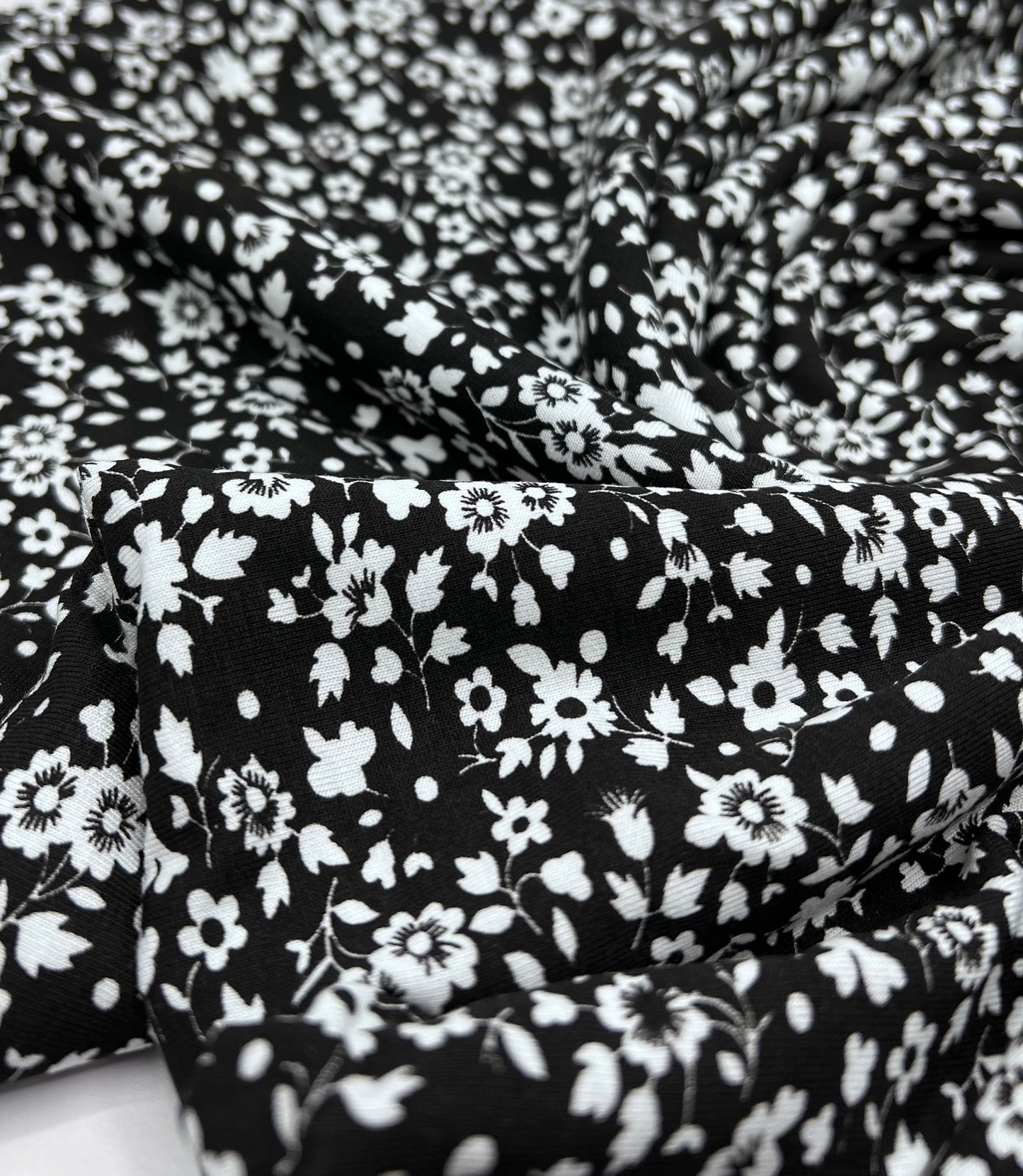 Black Floral Ditsy Print Viscose Elastane Fabric