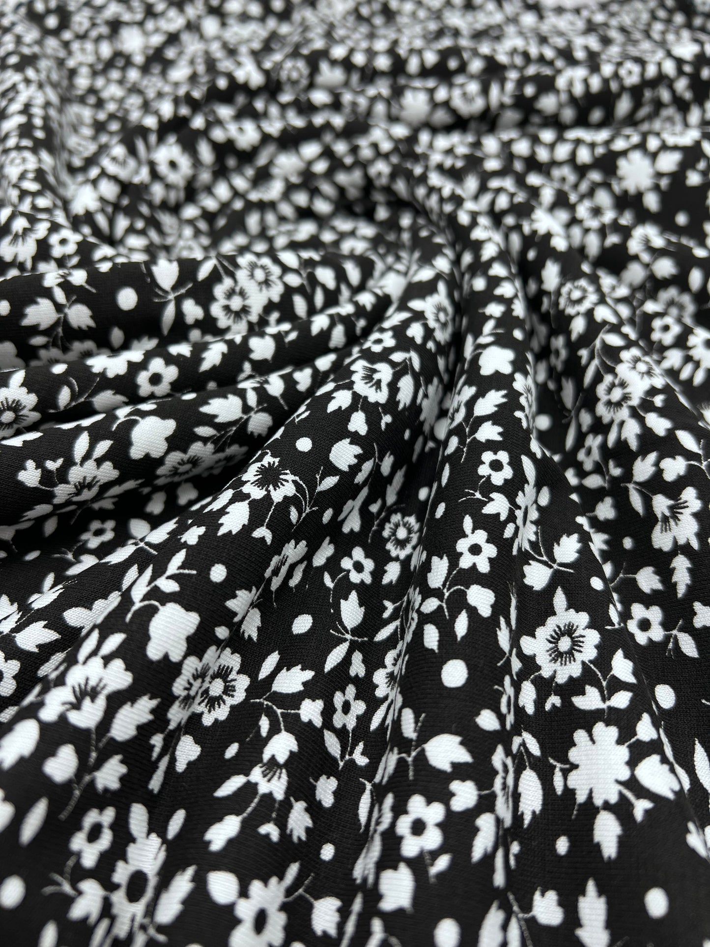 Black Floral Ditsy Print Viscose Elastane Fabric