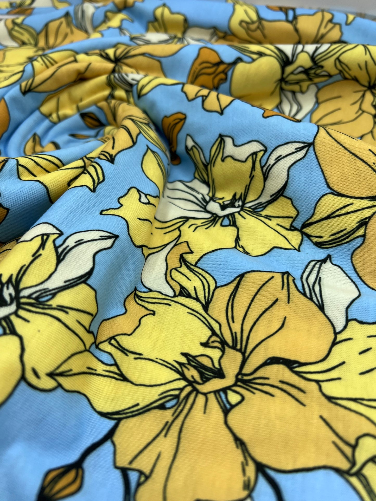 Blue & Yellow Floral Print Spun Poly Stretch Fabric