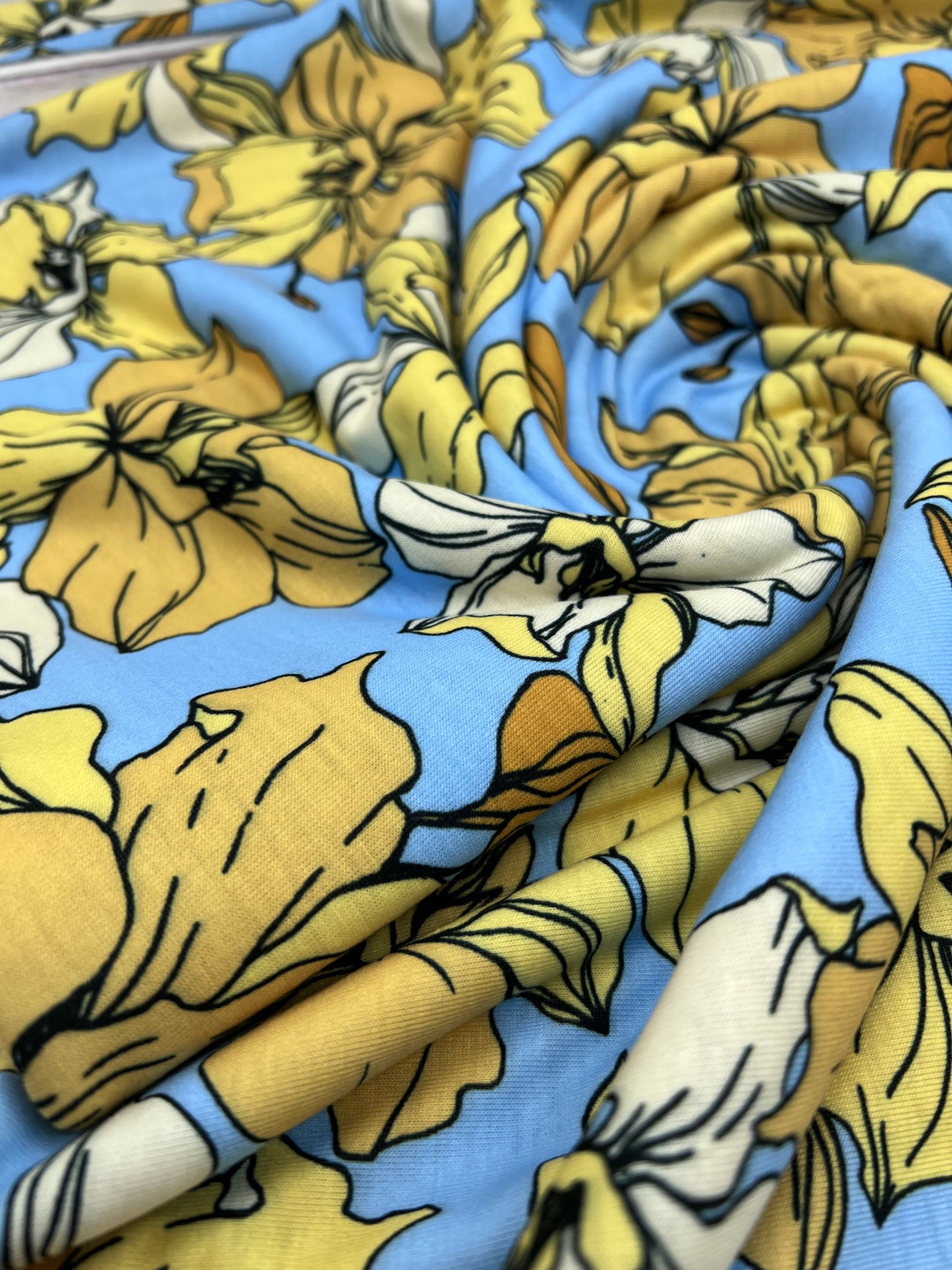 Blue & Yellow Floral Print Spun Poly Stretch Fabric