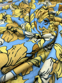 Blue & Yellow Floral Print Spun Poly Stretch Fabric