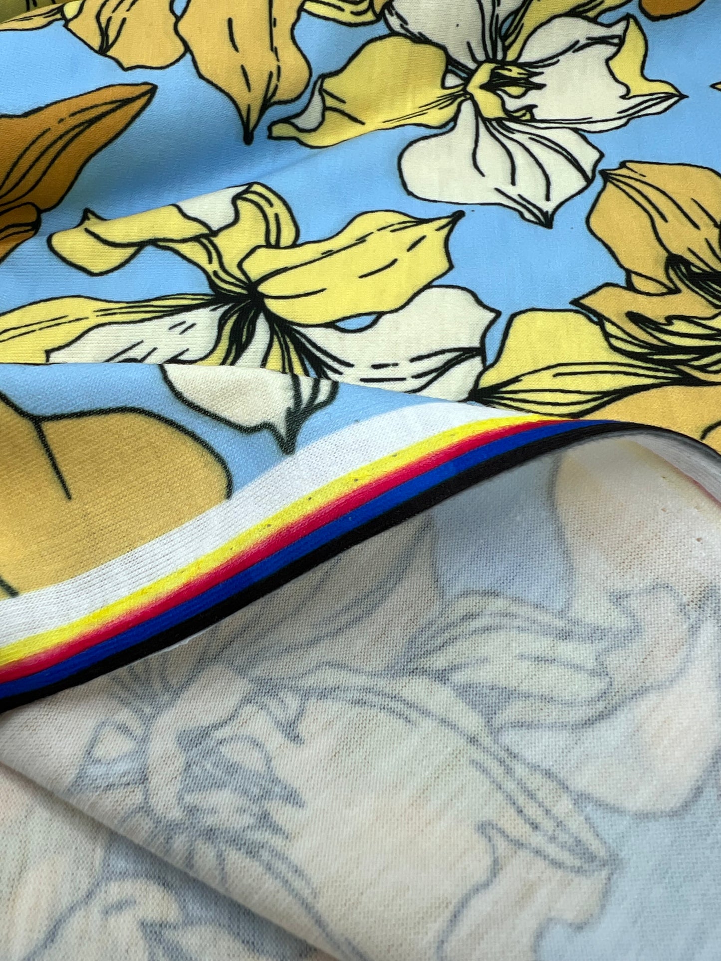 Blue & Yellow Floral Print Spun Poly Stretch Fabric