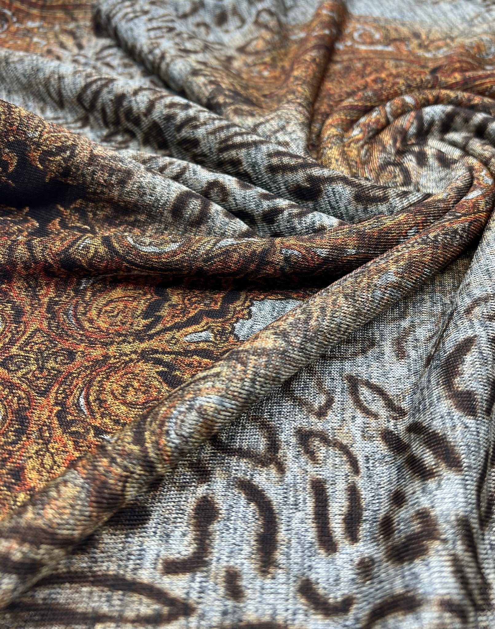 Animal Grey Orange Floral Melange Knit Stretch Fabric - T9 Fabrics