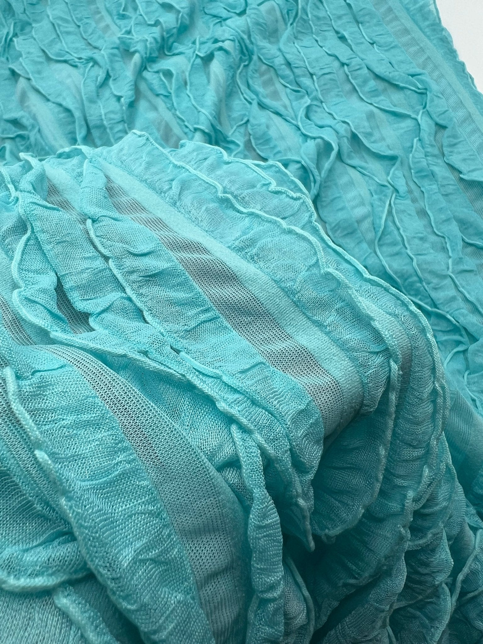 Aqua Blue Ruffle Textured 4 Way Stretch Fabric - T9 Fabrics