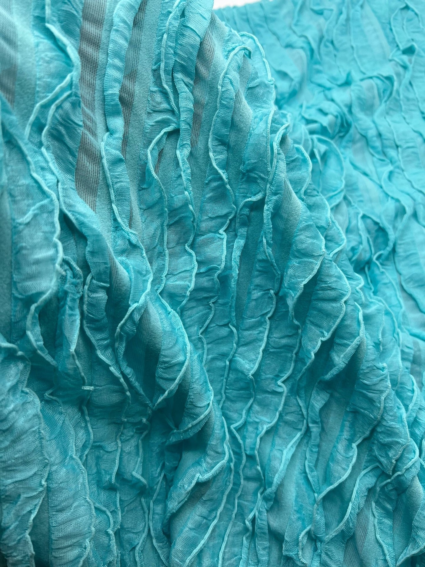 Aqua Blue Ruffle Textured 4 Way Stretch Fabric - T9 Fabrics