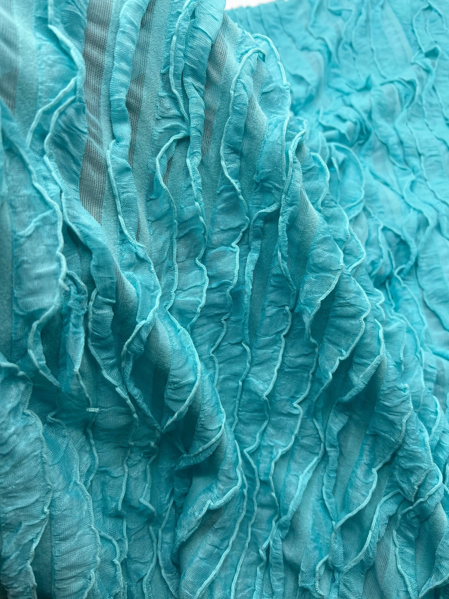 Aqua Blue Ruffle Textured 4 Way Stretch Fabric - T9 Fabrics