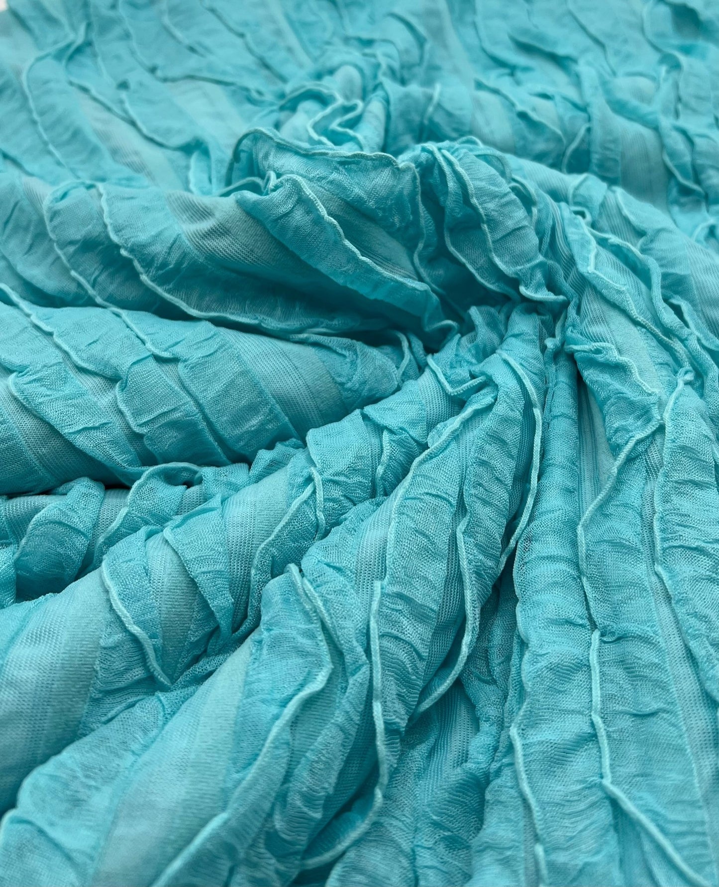 Aqua Blue Ruffle Textured 4 Way Stretch Fabric - T9 Fabrics