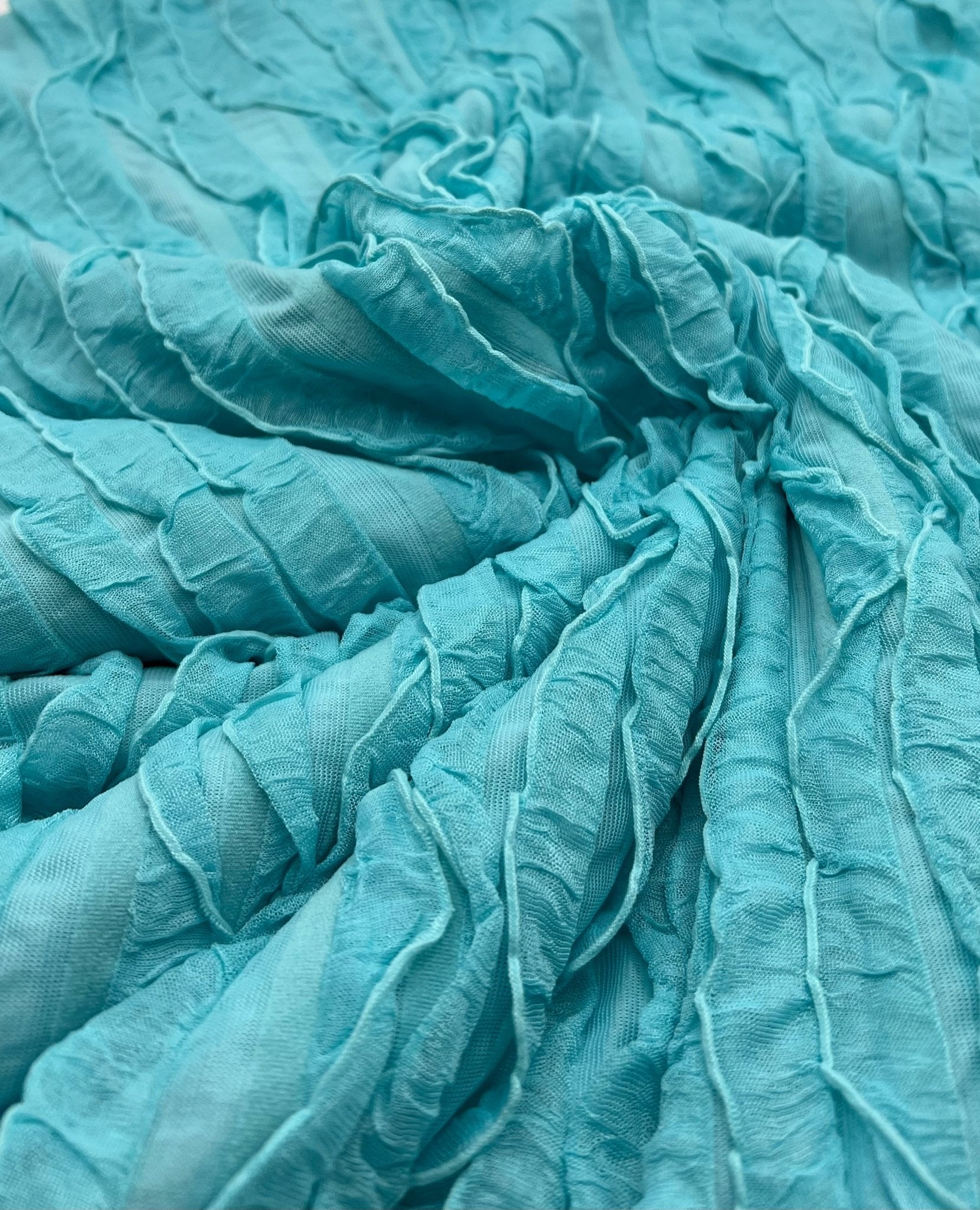 Aqua Blue Ruffle Textured 4 Way Stretch Fabric - T9 Fabrics