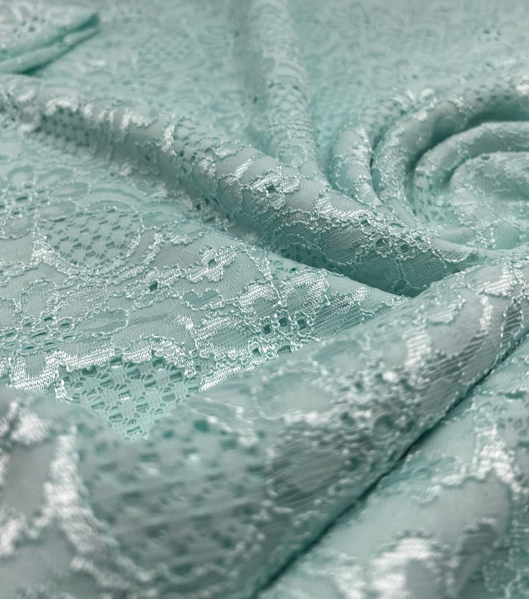 Aqua Shiny Blue Floral Lace Fabric Stretch - T9 Fabrics