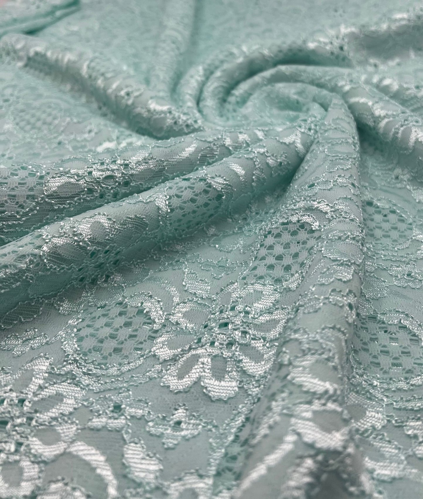 Aqua Shiny Blue Floral Lace Fabric Stretch - T9 Fabrics