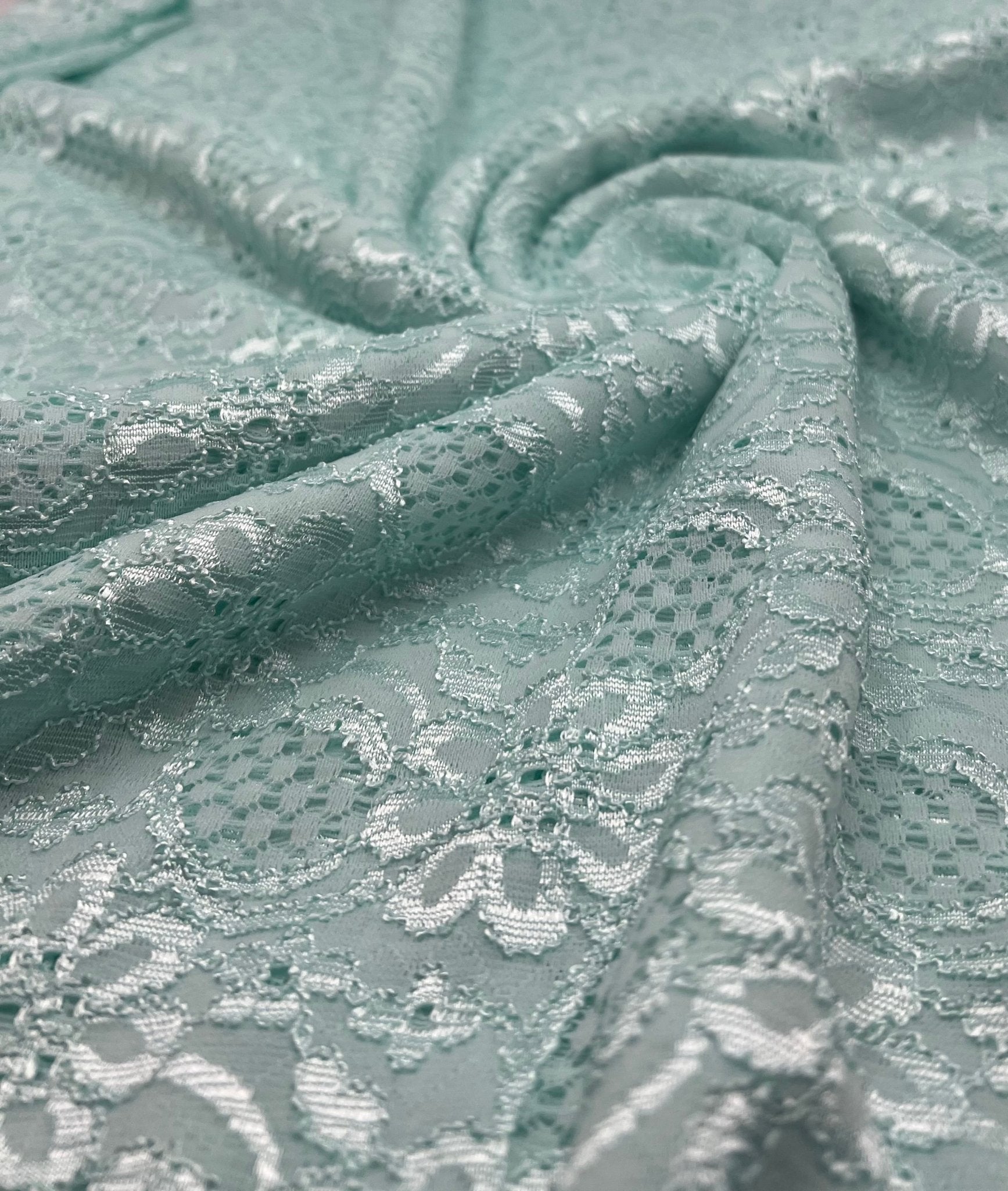 Aqua Shiny Blue Floral Lace Fabric Stretch - T9 Fabrics