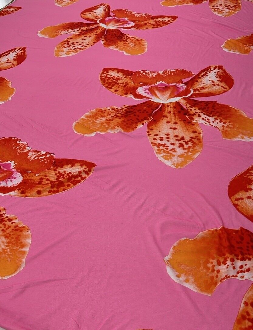 Baby Pink Orange Large Floral Print Spun Poly Stretch Fabric - T9 Fabrics