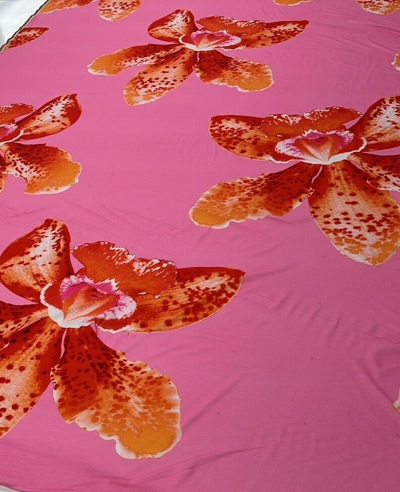 Baby Pink Orange Large Floral Print Spun Poly Stretch Fabric - T9 Fabrics