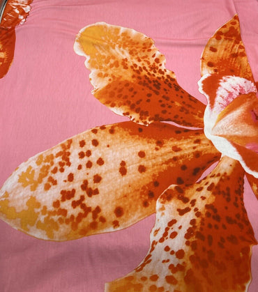 Baby Pink Orange Large Floral Print Spun Poly Stretch Fabric - T9 Fabrics