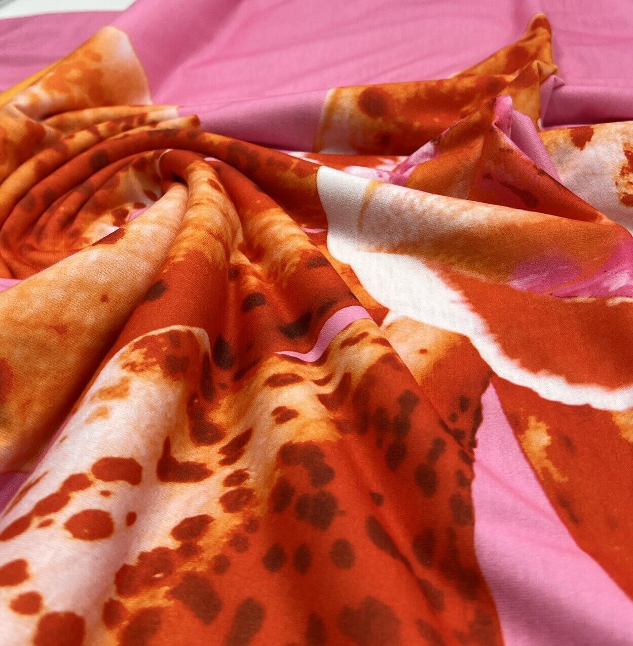 Baby Pink Orange Large Floral Print Spun Poly Stretch Fabric - T9 Fabrics