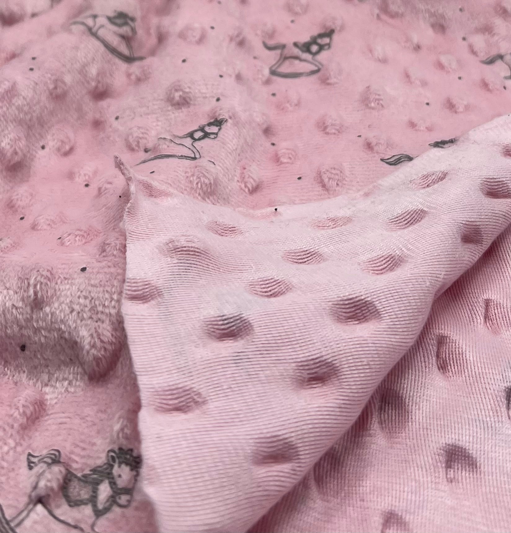 Baby Pink Rocking Horse Luxury Dimple Fleece Fabric Blanket Loungewear - T9 Fabrics