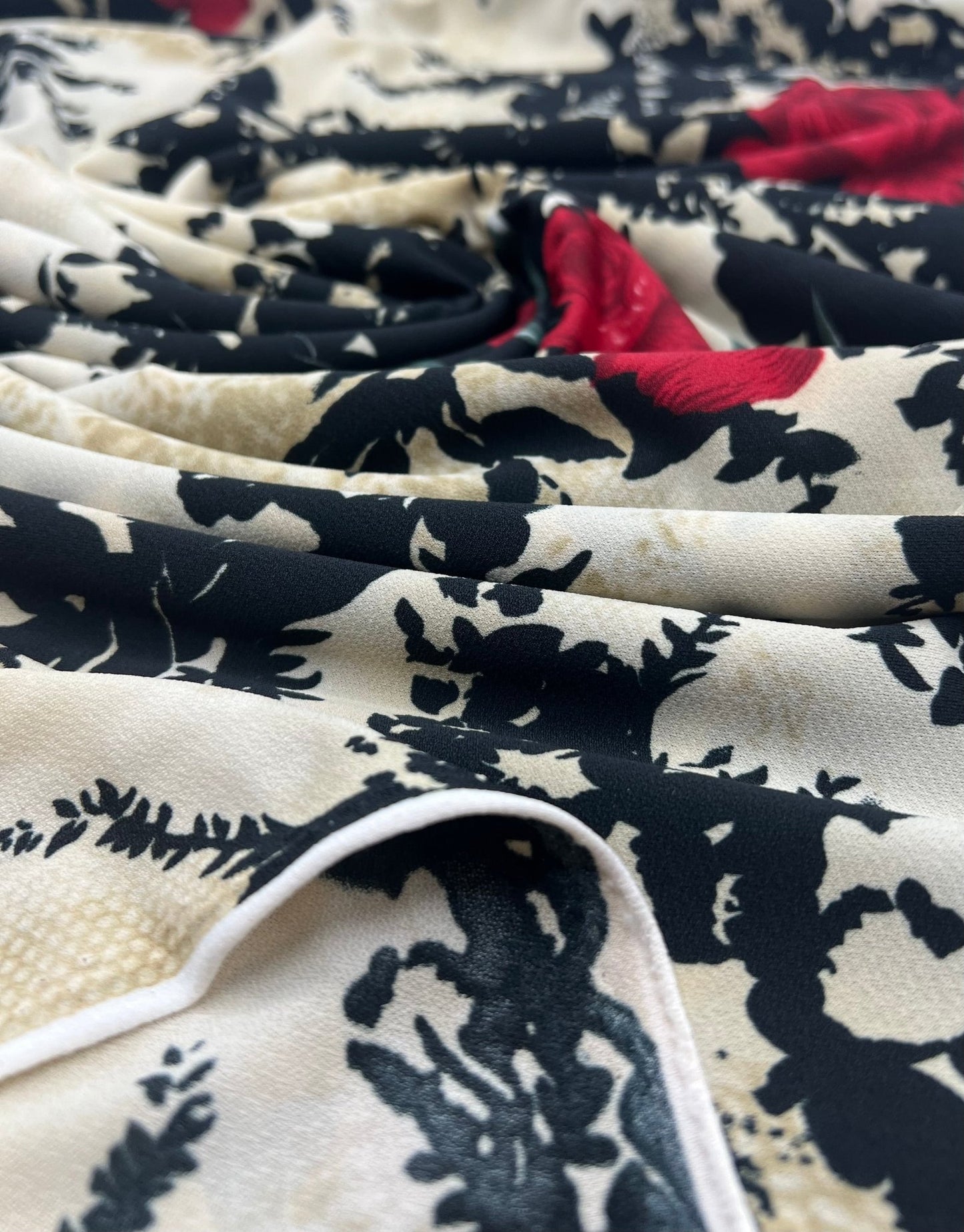 Beige Black Floral Print ITY Fabric 2 Way Stretch - T9 Fabrics